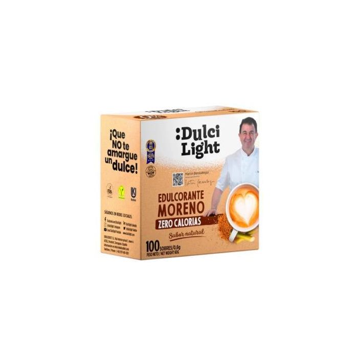 DULCILIGHT Edulcorante Moreno Azúcar Zero Calorías 100 Sobres - Vegano, Sin Gluten, Apto Diabéticos, Keto