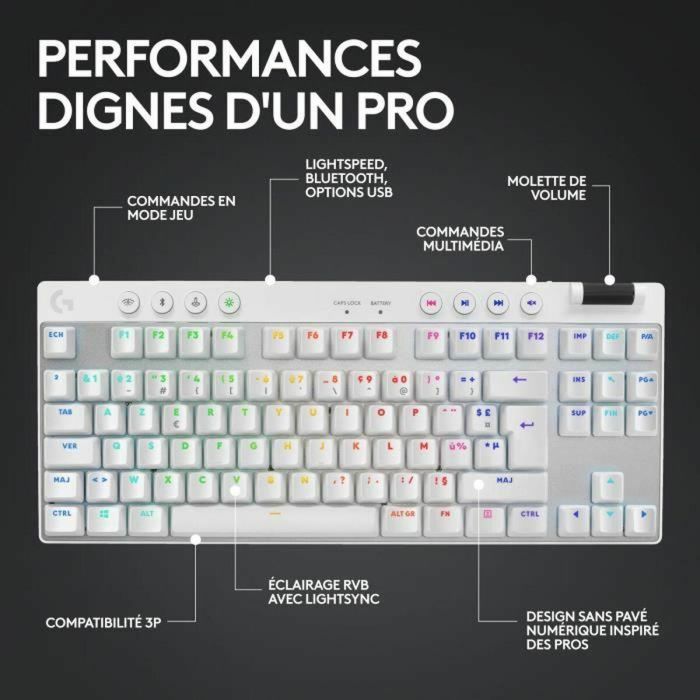 Teclado para juegos - inalámbrico - LOGITECH G - G Pro X TKL Lightspeed - USB - AZERTY - Blanco 2 Teclado para juegos - inalámbrico - LOGITECH G - G Pro X TKL Lightspeed - USB - AZERTY - Blanco 2