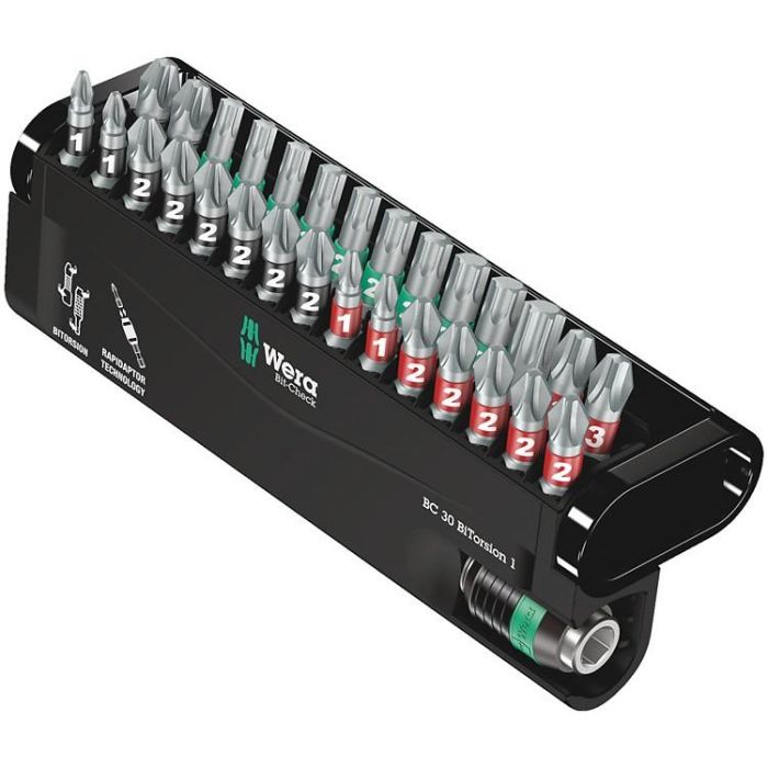 Wera 05057430001 Bit-Check 30 BiTorsion, juego de 30 puntas de destornillador Phillips, Pozidriv y Torx, de acero