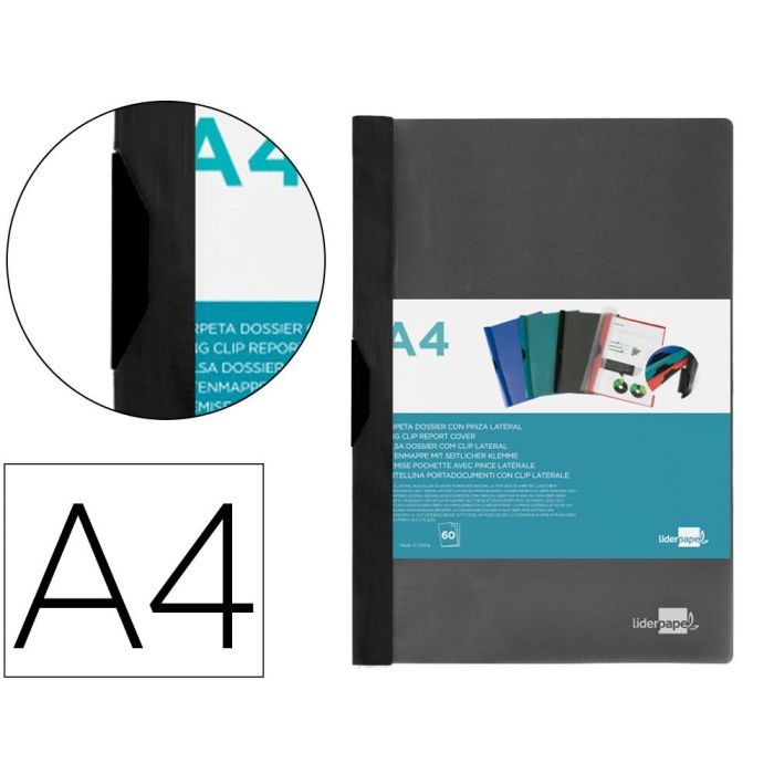 Carpeta Liderpapel Dossier Pinza Lateral 45325 Polipropileno Din A4 Negro 60 Hojas Pinza Deslizante