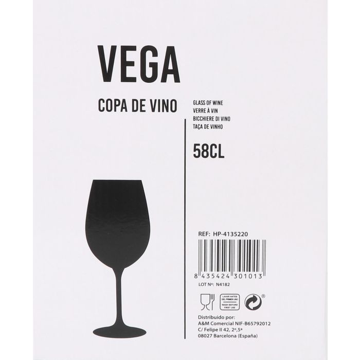 Inde - Copa de Vino Vega, 580 ml / 58 cl, Cristal, Diámetro 7.5 cm x Altura 23 cm, Peso 240 g (24 Unidades)