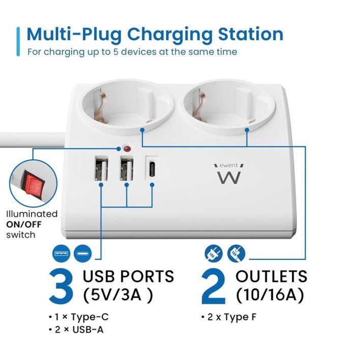 Ewent Regleta de Sobremesa EW3870 con 2 Tomas Schuko + 3 Puertos USB (2 USB-A y 1 USB-C 20W PD/QC3.0) - Interruptor, 1.5m, Protección Infantil