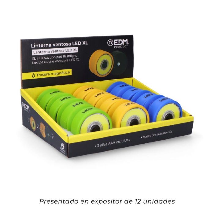 Edm Linterna LED XL con Ventosa e Imán, 3W 150LM, Colores Surtidos (Azul, Verde, Amarillo), Pilas Incluidas 4 Edm Linterna LED XL con Ventosa e Imán, 3W 150LM, Colores Surtidos (Azul, Verde, Amarillo), Pilas Incluidas 4