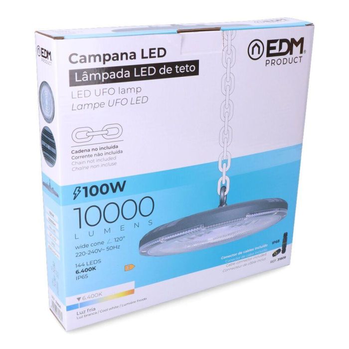 Edm Campana LED 100W 6400K 10000lm Ø26x4.5cm IP65 Luz Fría Aluminio 10