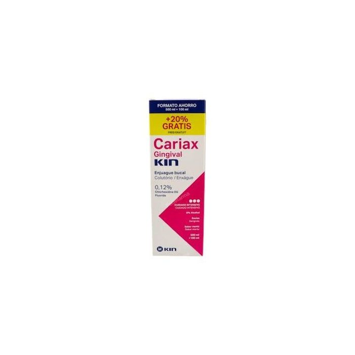 Kin CARIAX GINGIVAL Enjuague Bucal Antiplaca y Encías Sensibles Clorhexidina 0,12% Fluoruro, Pack 500 ml + 100 ml