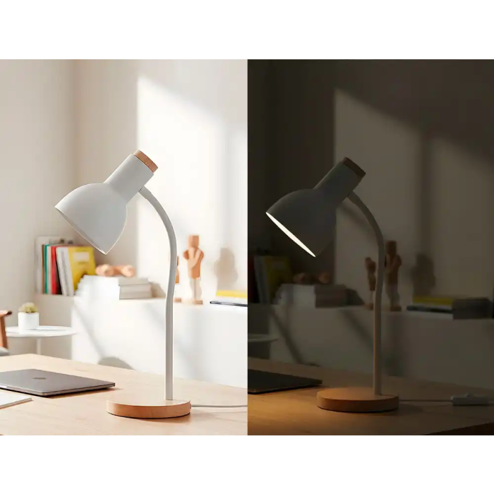 Q-connect Lampara Escritorio Orion Metalica con Detalles Madera Brazo Flexible Color Blanco Oficina 145x330x145 mm 7