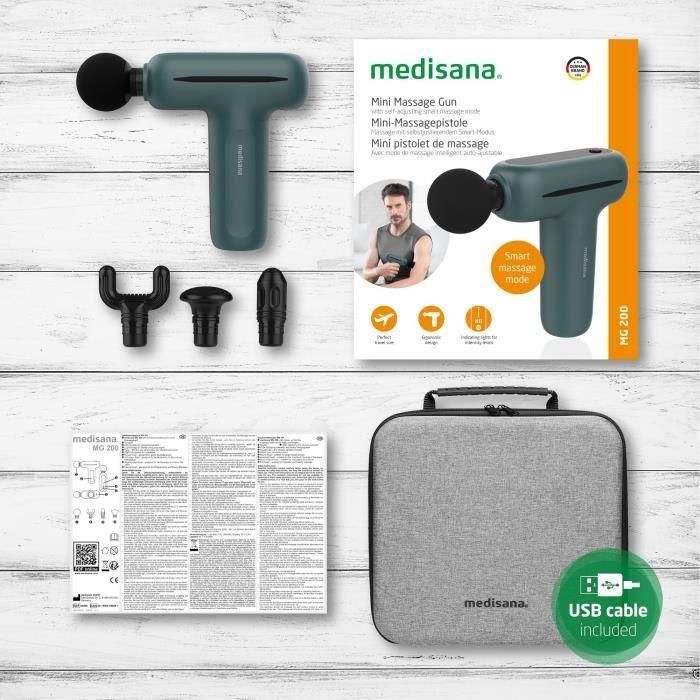 Pistola de masaje - MEDISANA MG 200 - 5 niveles de percusión - 5 V - 50 dB - Gris / Verde 5 Pistola de masaje - MEDISANA MG 200 - 5 niveles de percusión - 5 V - 50 dB - Gris / Verde 5