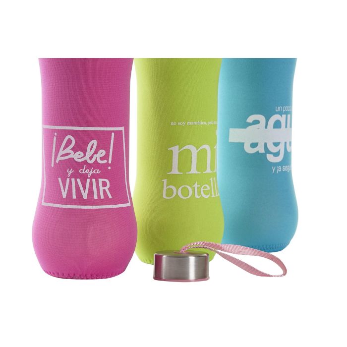 DKD Home Decor Botella Kids Cristal y Neopreno 600ml Azul Rosa Verde 12 Unidades 1
