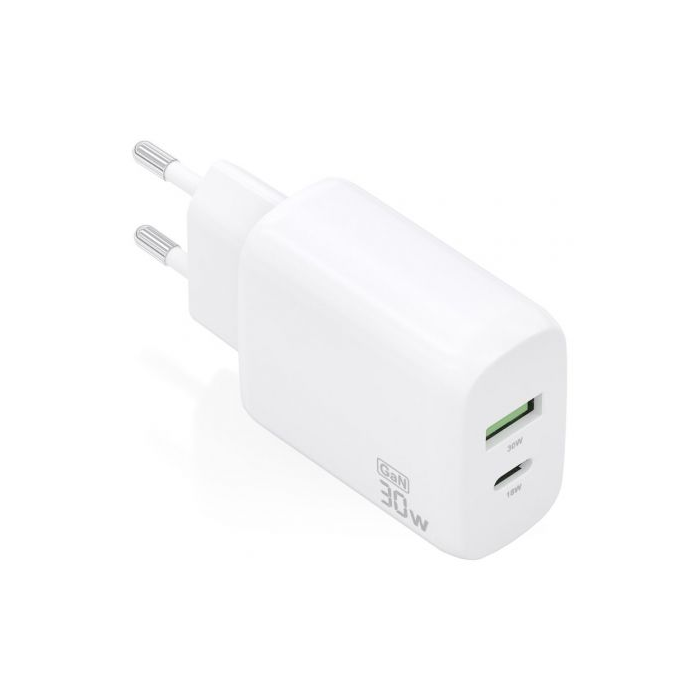 Cargador GaN de Pared Aisens A110-0923/ 1xUSB Tipo-C/ 1xUSB/ 30W/ Blanco