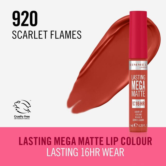 Rimmel London #920 Lasting Mega Matte Pintalabios Líquido Scarlet Flames, Larga Duración 16h, Hidratante, Vegano 7,4 ml 2