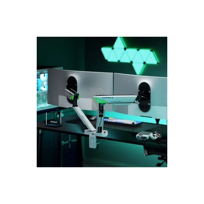 AISENS - SOPORTE DE MESA GAMING CONTRAPESO GIRATORIO E INCLINABLE PARA MONITOR/TV 16KG (3 PIVOTES, 2 BRAZOS) DE 17-38, NEGRO-BLANCO