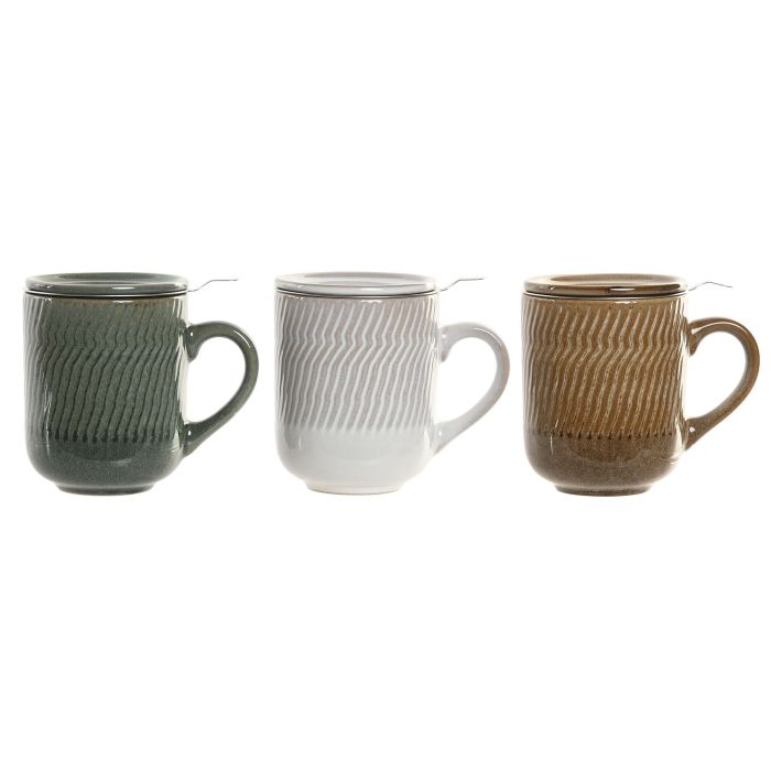 DKD Home Decor Mug Infusiones Gres Esmaltado Beige Verde 360ml 8.5x10.5x12cm Apto Lavavajillas Microondas (6 Unidades)