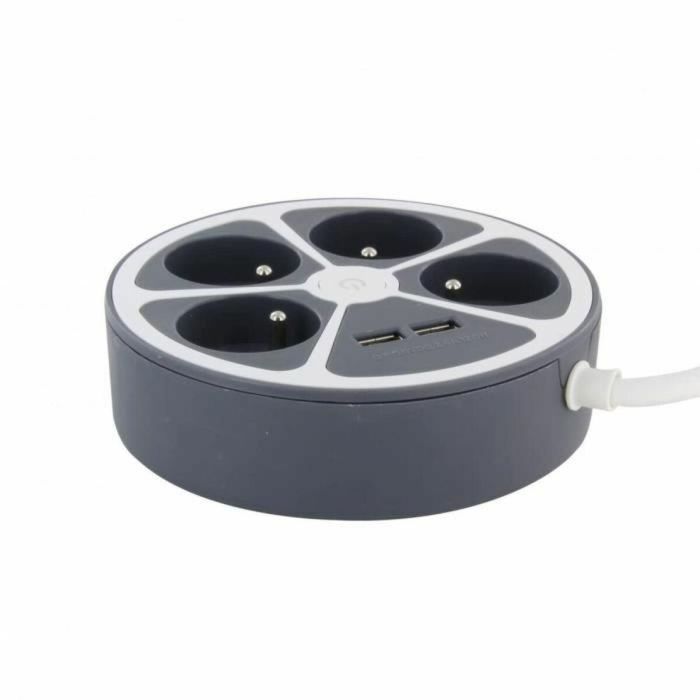 Chacon CHA5411478496526 Regleta de Enchufes para Oficina 4 Tomas 16A + 2 USB-A 3680W, Cable 1.5m, Gris, con Interruptor 3