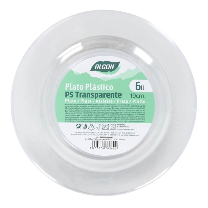 Algon Set 6 Platos Transparentes de Plástico (PS) de 19 cm (24 Unidades)