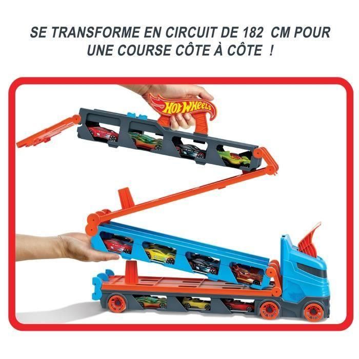 Hot Wheels GVG37 Camión Transporte Convertible Pista Desplegable 182cm para 20+ Coches con Lanzador Doble y 3 Vehículos 5 Hot Wheels GVG37 Camión Transporte Convertible Pista Desplegable 182cm para 20+ Coches con Lanzador Doble y 3 Vehículos 5