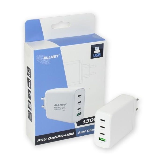 Z ALLNET Ersatznetzteil QC USB-C PD GaN Netzteil Power Supply130Watt 1x USB Typ-A QC 3x USB Typ-C**EU PLUG**
