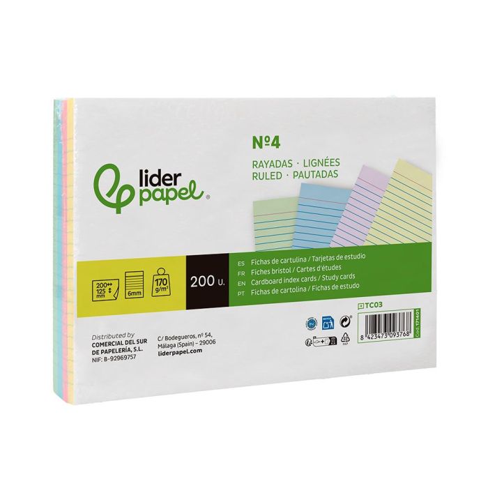 Tarjeta Liderpapel Para Estudiar Rayada Cartulina De Colores 170 gr-M2 125x200 mm Paquete De 200 Unidades 4