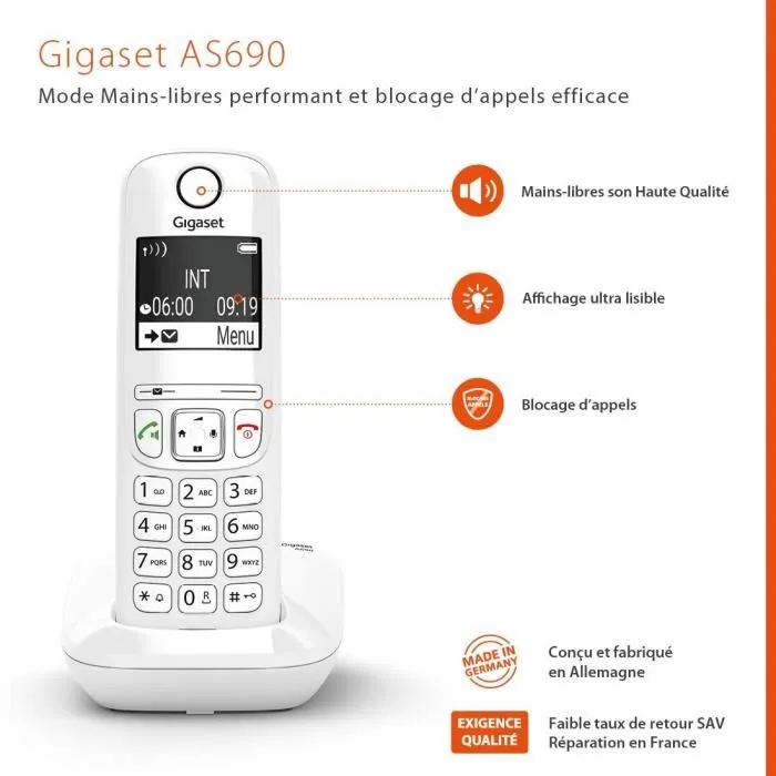 Gigaset AS690 Teléfono Fijo Blanco - Manos Libres, Bloqueo de Llamadas, Pantalla Ultralegible, Directorio 100 Contactos, Diseñado en Alemania 1