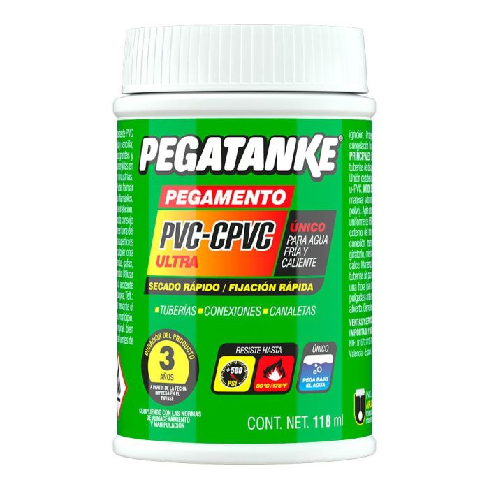 Pegatanke Pegamento Tuberías 2 en 1 PVC-CPVC para Agua Fría y Caliente, Solvente Profesional, 118 ml