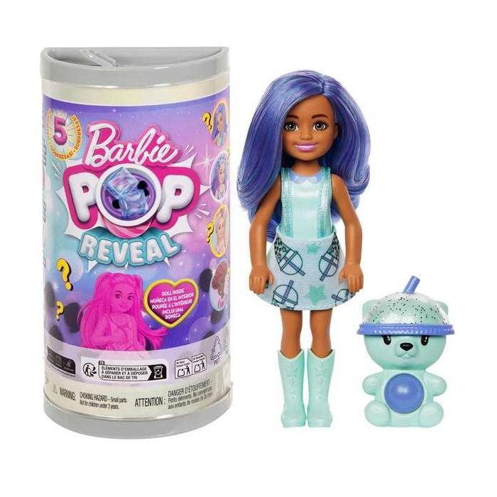 Barbie HRK63 Muñeca Chelsea Pop Reveal Serie Bubble Tea con 5 Sorpresas, Olor Sensorial y Cubito Reutilizable +3 Años