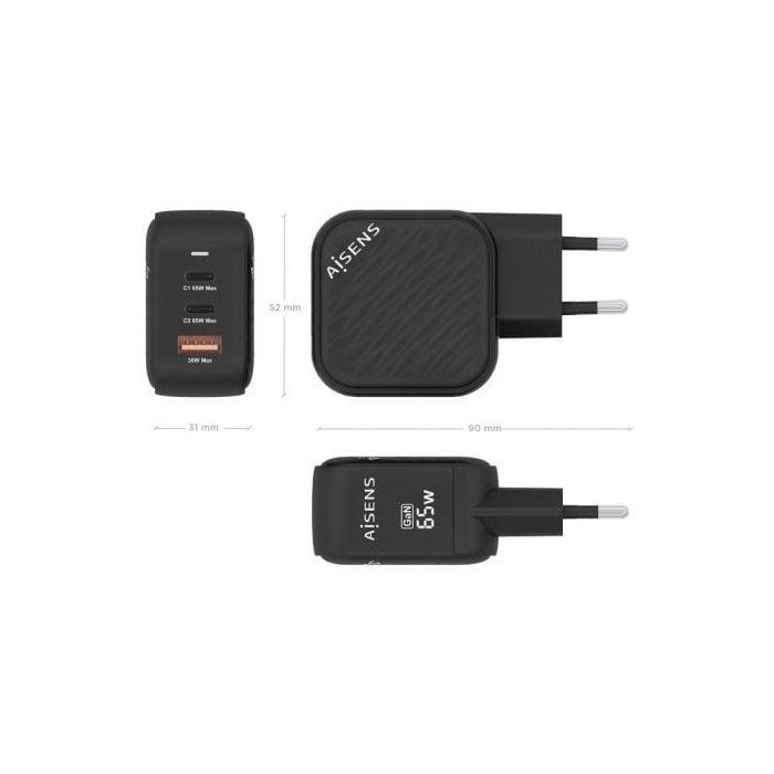 AISENS - CARGADOR GaN 65W, 2xUSB-C PD3.0 QC4.0, 1xUSB-A QC3.0, NEGRO 3 AISENS - CARGADOR GaN 65W, 2xUSB-C PD3.0 QC4.0, 1xUSB-A QC3.0, NEGRO 3