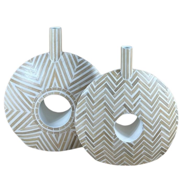 DKD Home Decor Jarrón Decorativo Tropical Raviet de Bambú y Resina, Mosaico Surtido Marrón Blanco (Set de 2) 13 x 52 x 47 cm