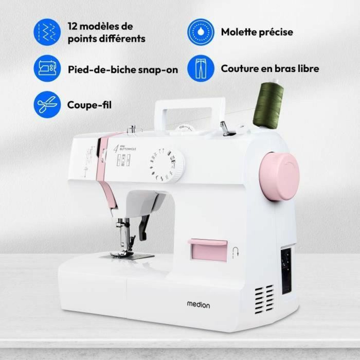 Medion MED4061275230468 Máquina de Coser 71W con 12 Puntadas, 700 rpm, Luz LED, Rosa 5