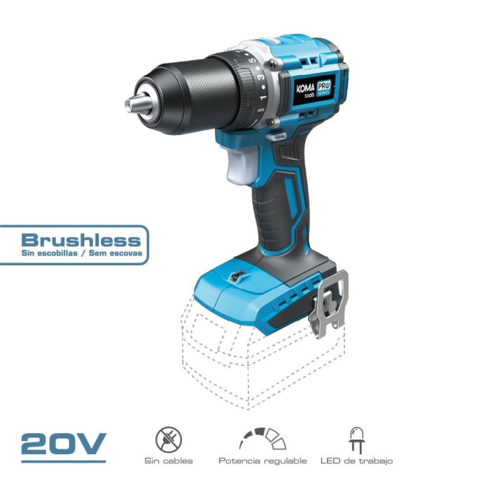 Koma Tools Taladro atornillador 20V compact brushless, 2 velocidades 0-500/0-1.800rpm, par máximo 50Nm, luz de trabajo Koma Tools Taladro atornillador 20V compact brushless, 2 velocidades 0-500/0-1.800rpm, par máximo 50Nm, luz de trabajo