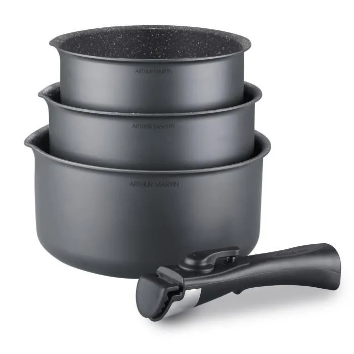 Arthur Martin AM777GM Batería de Cocina Conjunto de 3 sartenes 16-18-20 cm Matt Gray con 1 Manija extraíble, apta para inducción 1