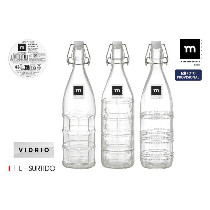 La Mediterran Botella Transparente con Tapón Hermético 1 L (1000 ml) – Ideal para Agua y Bebidas (12 Unidades)