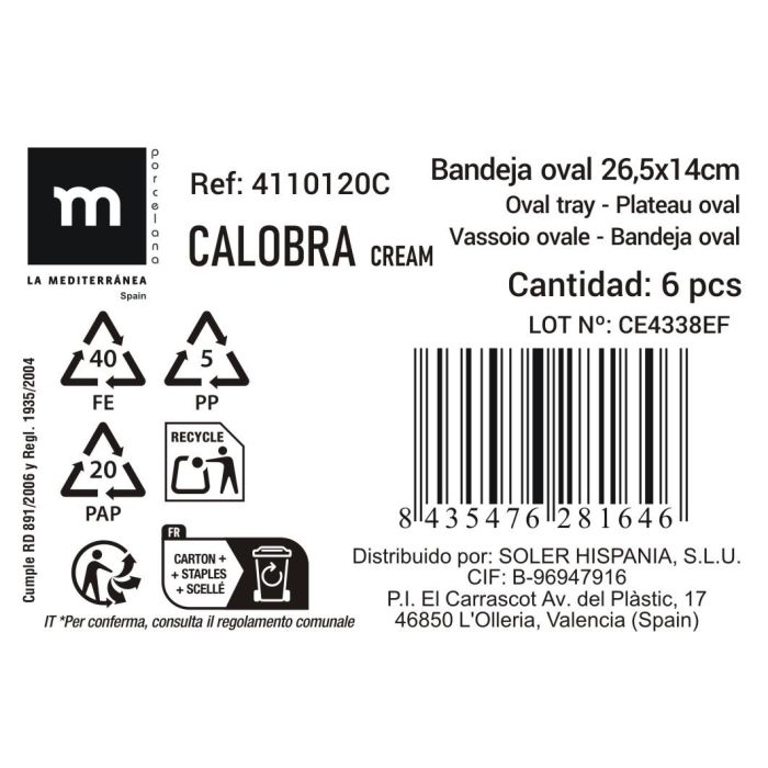 La Mediterranea Bandeja "Calobra" Crema 26.5 x 14 cm (24 Unidades)