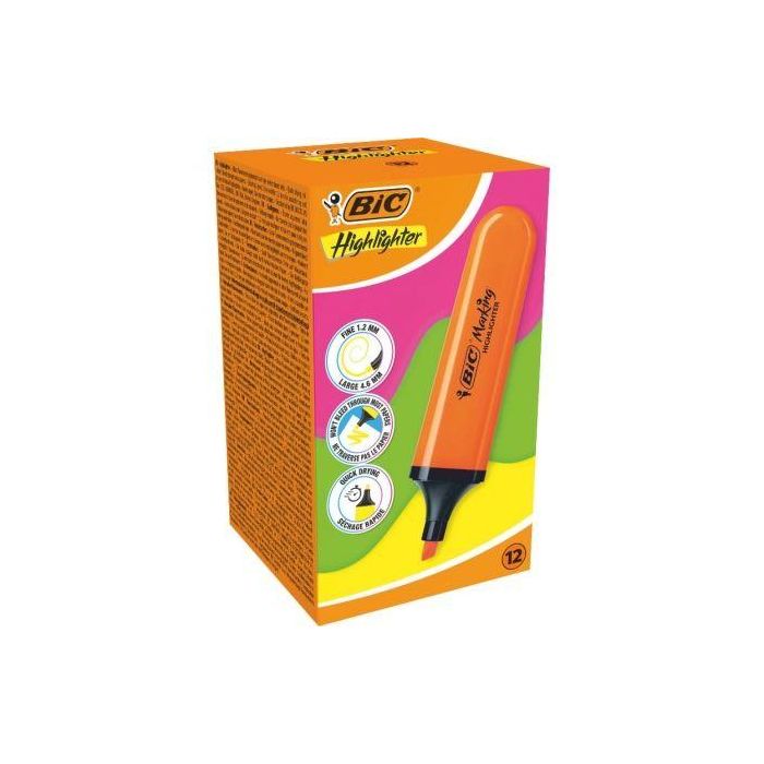 Caja de Marcadores Fluorescentes Bic Highlighter Flat Neón/ 12 unidades/ Naranjas