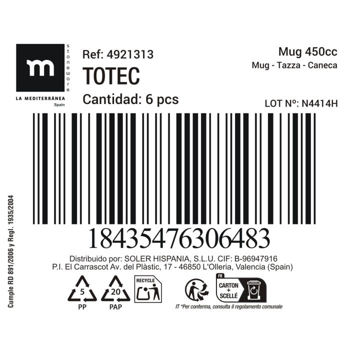 Inde Mug Totec 450 ml - Taza de cerámica Ø9x11.5 cm (18 Unidades) 1