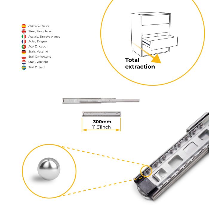 Emuca Lote de 5 juegos de guías para cajones, de bolas, altura 45mm, profundidad 300mm, extracción total, Cincado 3 Emuca Lote de 5 juegos de guías para cajones, de bolas, altura 45mm, profundidad 300mm, extracción total, Cincado 3