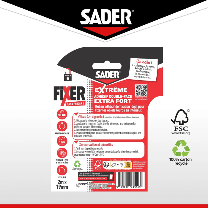 Sader - Adhesivo de Doble Cara Extra Fuerte, 2 m x 19 mm, Blanco, Soporta hasta 10 kg, Fijación sin Taladrar para Uso Interior, AAAVH55022