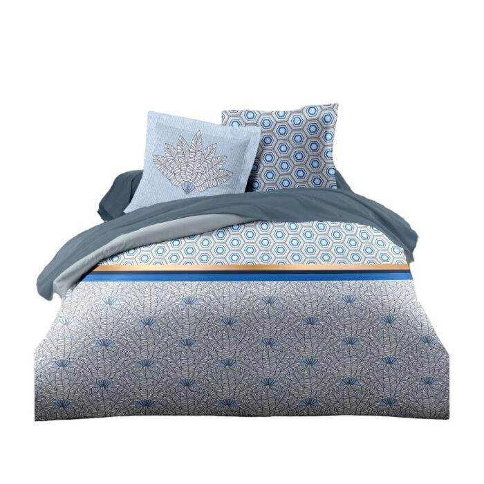 HOME LINGE PASSION Juego de edredón Luxor - 1 funda nórdica 240 x 260 cm + 2 fundas de almohada 65 x 65 cm - Azul y blanco