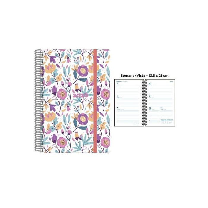 Agenda Anual (2026) Senfort Decorada Espiral Tapa Pp Con Goma 135X210 S/V Purple Flowers
