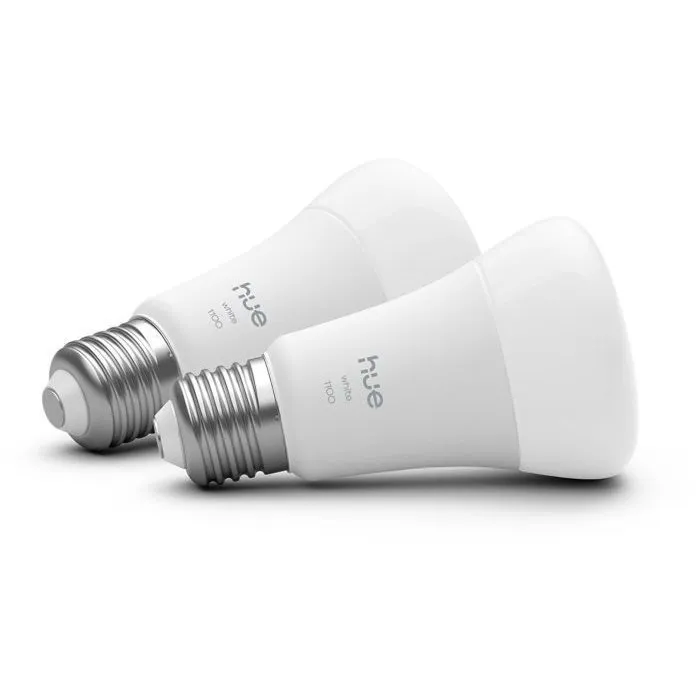 Philips Hue Pack de 2 Bombillas LED A60 Conectadas AABUO37070, Luz Blanca Cálida 2700K, 9.5W (Equivalente 75W), 1100 Lúmenes, Casquillo E27