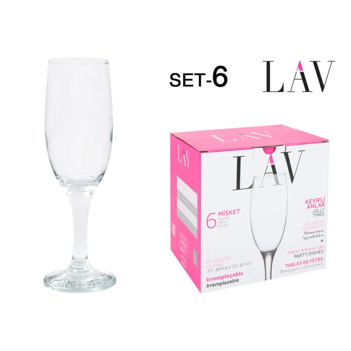 Lav Set 6 Copas Champagne Misket 190 cc Medidas 5 x 5 x 19.3 cm (4 Cajas) Lav Set 6 Copas Champagne Misket 190 cc Medidas 5 x 5 x 19.3 cm (4 Cajas)