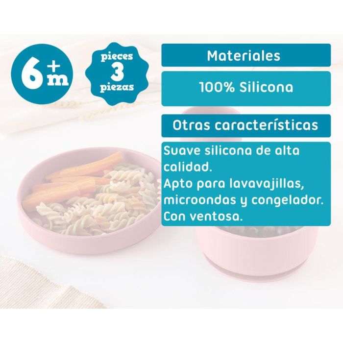 KioKids Set Vajilla 3 Piezas Bebé Silicona Rosa +6 Meses con Ventosa para BLW 5