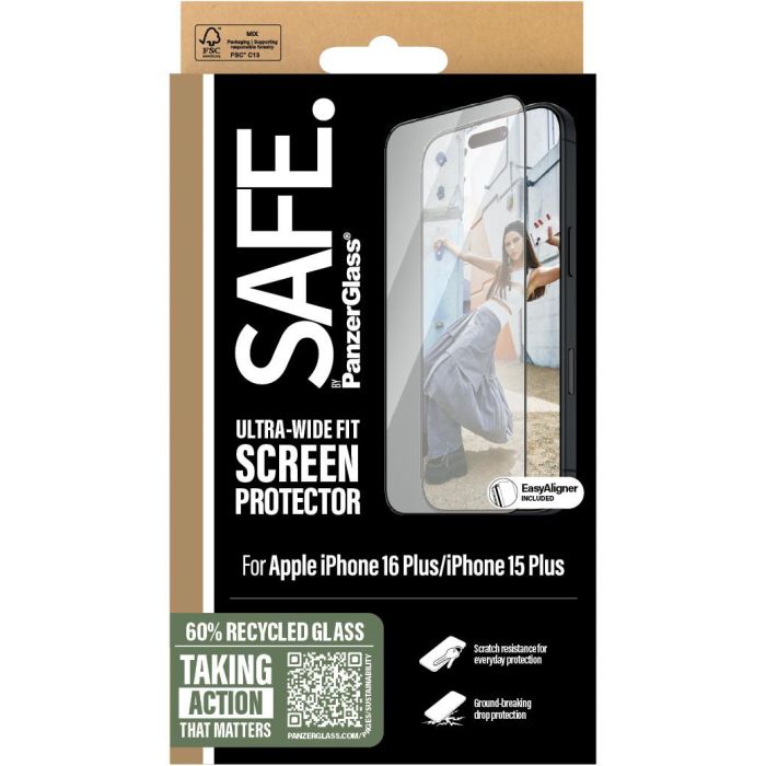 PanzerGlass SAFE. by ® Protector de Pantalla UWF con Marco Negro para iPhone 16 Plus y 15 Plus 2