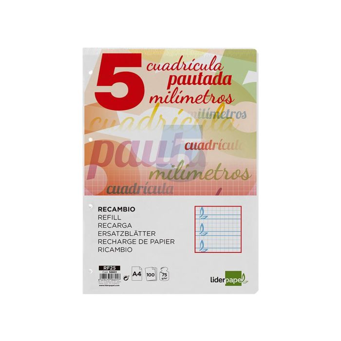 Recambio Liderpapel A4 Pautaguia 100 Hojas 75 gr Cuadriculado Pautado 5 mm Con Margen 4 Taladros 2