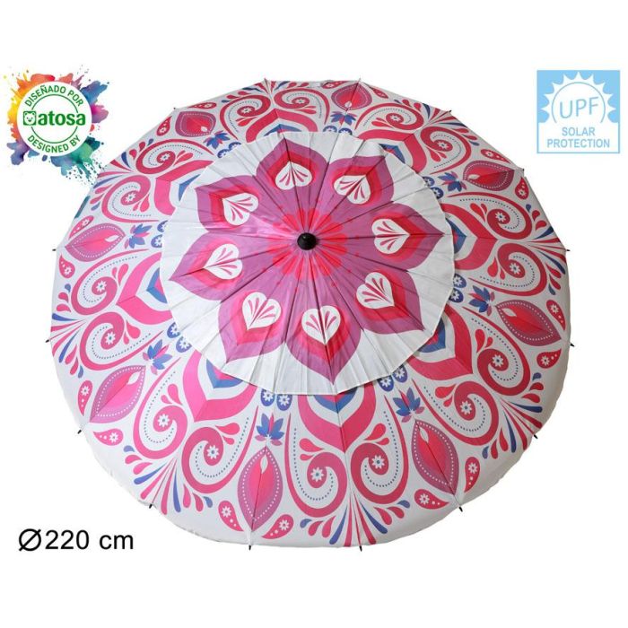 Atosa Sombrilla De Playa Reclinable De Aluminio Modelo Mándala Floral Con Upf 50+ Fucsia 220 cm 22-25 mm Morado