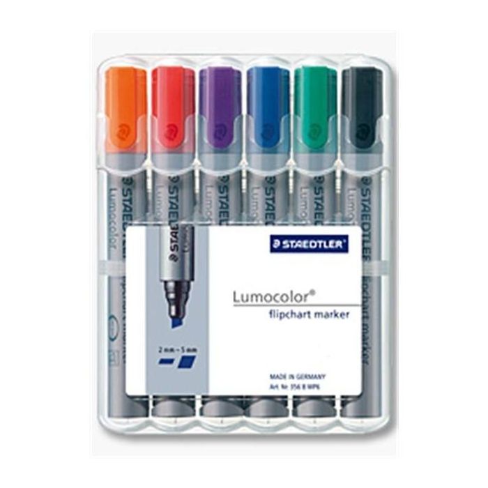 STAEDTLER 356 B WP6 Lumocolor Flipchartmarker, 6 Rotuladores Surtidos, Puntas Biseladas 2-5mm, Colores: Azul, Verde, Naranja, Rojo, Violeta, Gris