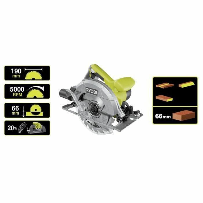 Ryobi Sierra Circular 1400W, Disco 190 x 16 mm, 20 Dientes, Profundidad de Corte 66 mm a 90° 2
