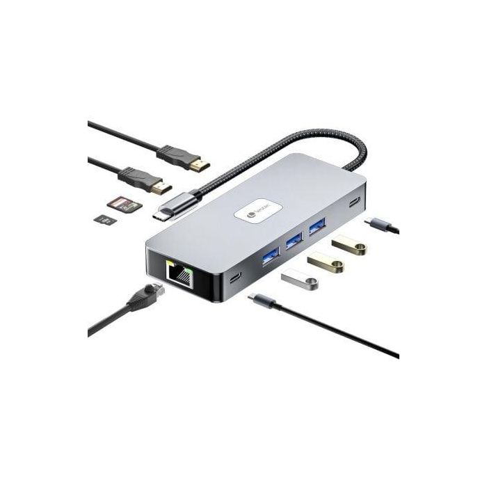 Leotec LEDS02 Docking Station USB-C 10 en 1 para Portátil con Carga PD 100W, Doble HDMI 4K, 3x USB 3.0, Gigabit Ethernet, Lector SD 1