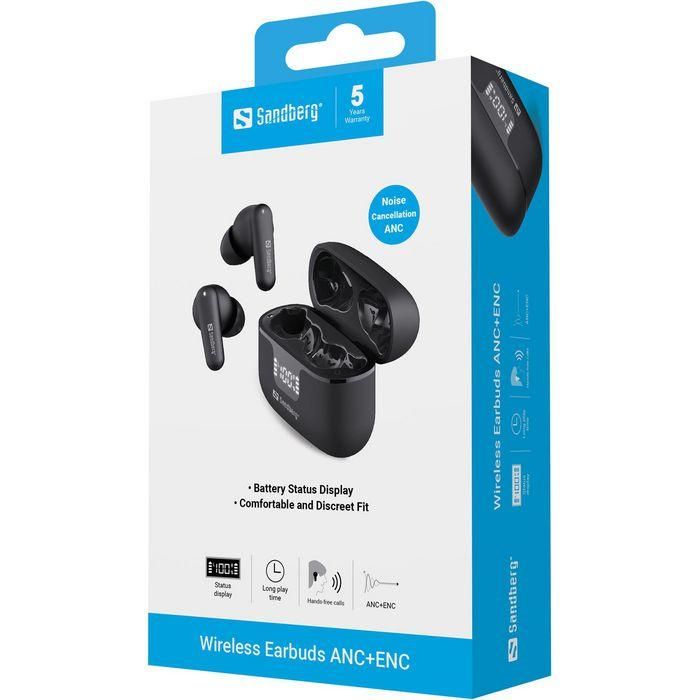 Sandberg Wireless Earbuds ANC+ENC con Cancelación de Ruido y Pantalla de Batería, Negro Sandberg Wireless Earbuds ANC+ENC con Cancelación de Ruido y Pantalla de Batería, Negro
