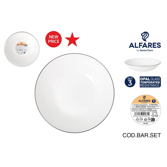 Inde Set de 3 Platos Hondos Ischia Red.Opal, Negro, 20.3 cm de Diámetro x 4 cm de Altura, Porcelana (4 Cajas) Inde Set de 3 Platos Hondos Ischia Red.Opal, Negro, 20.3 cm de Diámetro x 4 cm de Altura, Porcelana (4 Cajas)