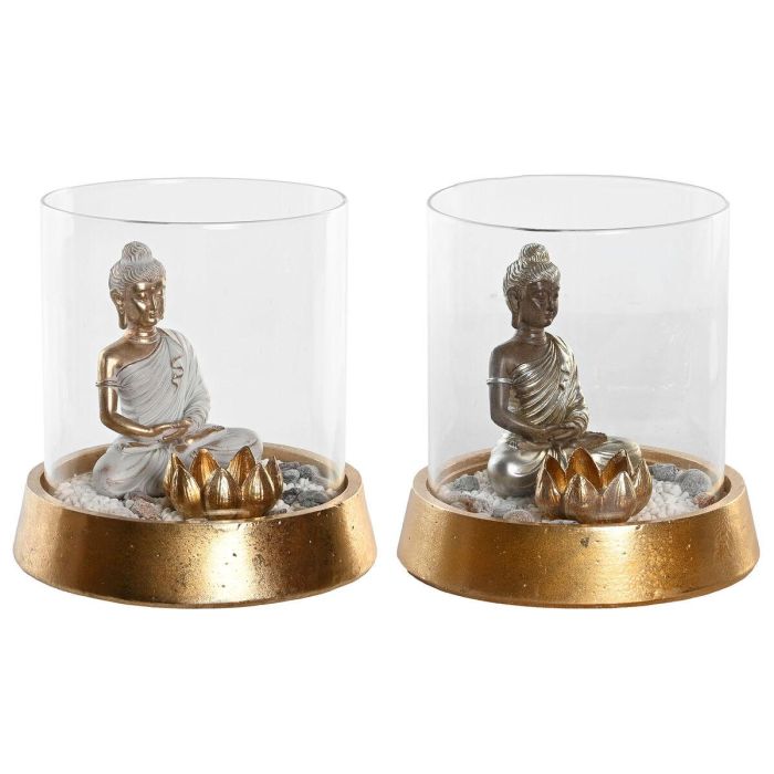 DKD Home Decor Figura Decorativa Oriental Buda Tulipa Dorado Plateado de Resina y Cristal para Interiores, 16x16x18 cm, Set de 2 DKD Home Decor Figura Decorativa Oriental Buda Tulipa Dorado Plateado de Resina y Cristal para Interiores, 16x16x18 cm, Set de 2