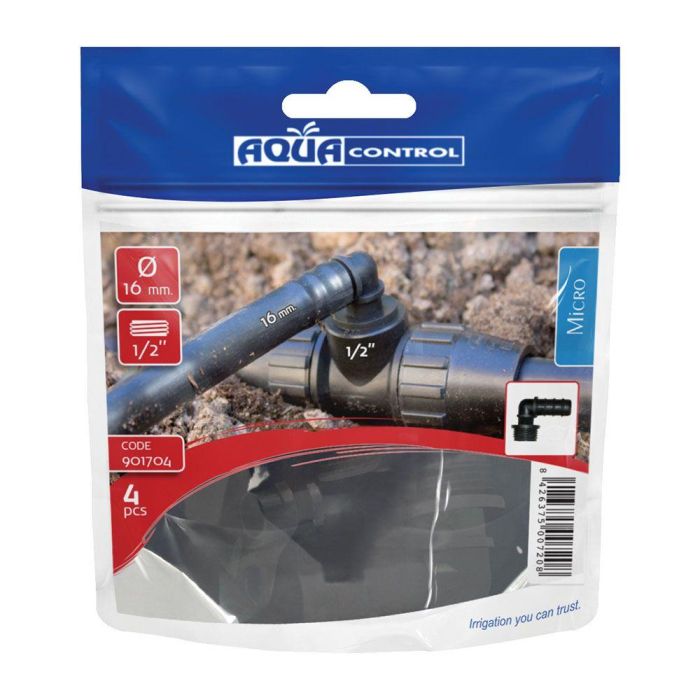 Aqua Control Codo Mixto para Tubo Ø16 mm a Rosca Macho ½ Pulg, Polipropileno Negro, 4 Unidades Aqua Control Codo Mixto para Tubo Ø16 mm a Rosca Macho ½ Pulg, Polipropileno Negro, 4 Unidades